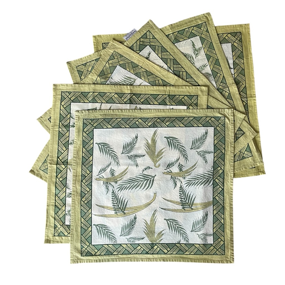 COULEUR NATURE Set Of 6 Green India Cotton Handmade Bamboo Print Napkins